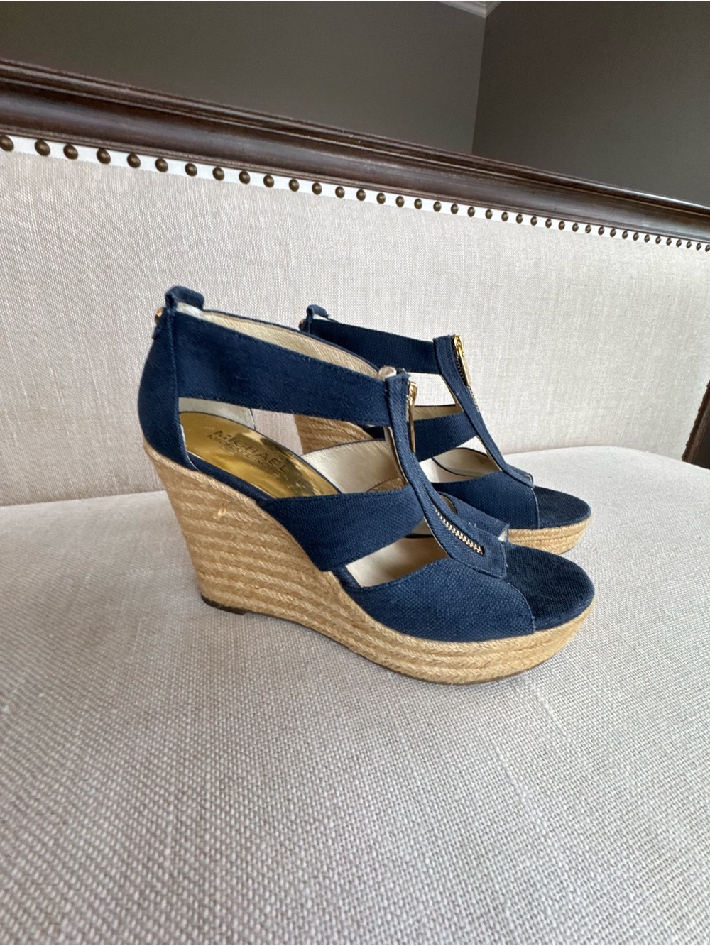 Michael Kors Navy Wedge Espadrille Sandals with Zip Accent